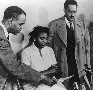 Roy Wilkins in press conference with Autherine Lucy and Thurgood Marshall.