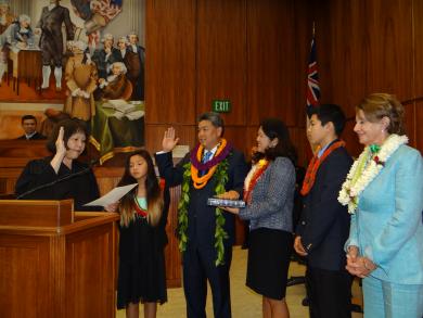 Chief Judge Susan Oki Mollway administered the Oath of Office to Congressman Mark Takai of Hawaii on January 16, 2015.