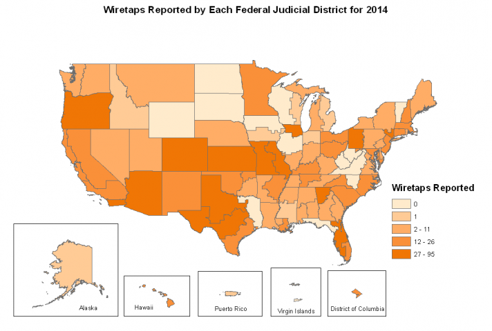 Map of wiretaps reported by each Federal Judicial District for 2014.
