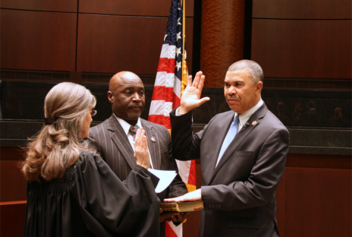Chief Judge Catherine D. Perry, of the Eastern District of Missouri, swears in U.S. Representative Wm. Lacy Clay (D-MO).