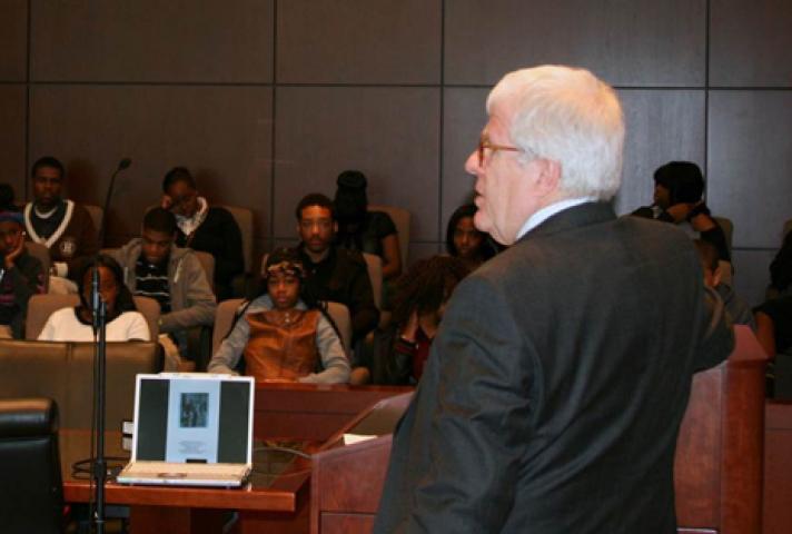 Chris Hexter, a St. Louis lawyer who went to Mississippi in the Freedom Summer of 1964, speaks to students about voting rights during Law Day activities in 2014. 
