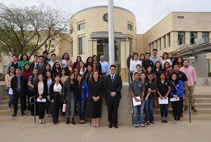 U.S. Magistrate Judge Ruth Bermudez Montenegro and her law clerk Devin H. Mirchi guide students in practicing civil discourse skills as jurors at the courthouse in El Centro, California. 