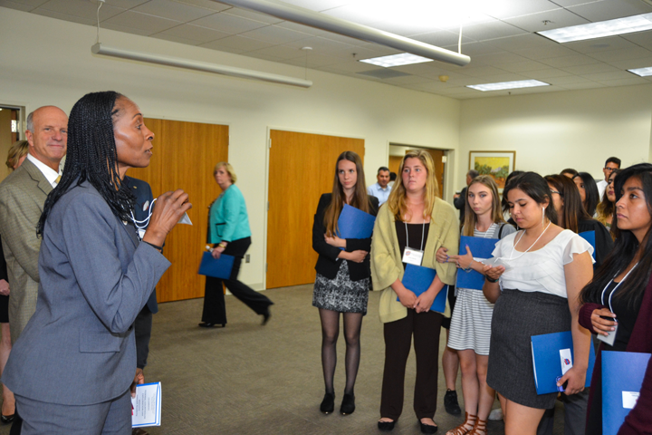 Bankruptcy Judge Erithe Smith speaks to students at a Law Day event in Santa Ana, California. 