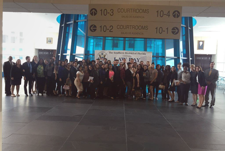 Participants at a Law Day event in Miami gather in the lobby of the Wilkie D. Ferguson Jr. United States Courthouse. 