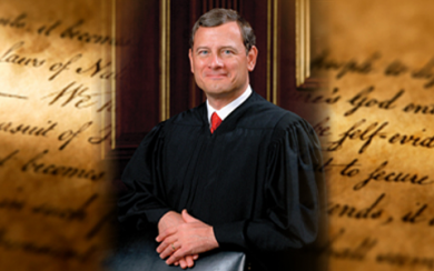 A picture of Chief Justice Roberts with the words of the U.S. Constitution blended in the background.