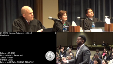 Split screen of a panel of Ninth Circuit judges, an attorney giving oral arguments, and case information. 