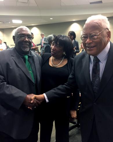 Judge Bernice B. Donald, U.S. Court of Appeals for the Sixth Circuit; James Lawson, a prominent Memphis figure, and a former sanitation worker from Memphis, talk after the federal court event in Memphis.