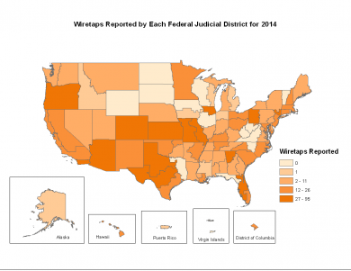 Map of wiretaps reported by each Federal Judicial District for 2014.