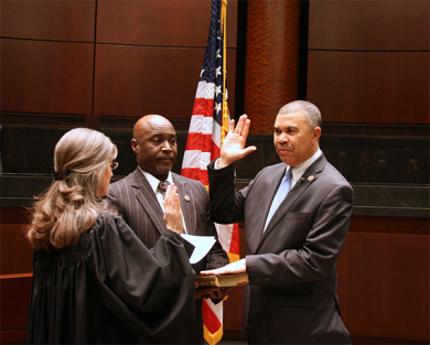 Chief Judge Catherine D. Perry, of the Eastern District of Missouri, swears in U.S. Representative Wm. Lacy Clay (D-MO).