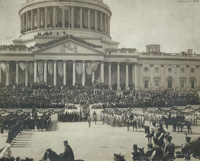 Chief Justice Melville W. Fuller administers the oath of office to Theodore Roosevelt during his second swearing-in, in 1905.