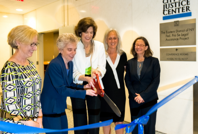 Taking part in a recent ribbon cutting in Brooklyn are, from left, Lynn Kelly, executive director of the City Bar Justice Center; Debra L. Raskin, New York City Bar Association president; Chief Judge Carol B. Amon, Eastern District of New York; Magistrate