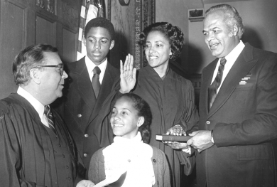 Image: In 1979, with her family at her side, Judge Anne E. Thompson is sworn in as a federal judge in the District of New Jersey.