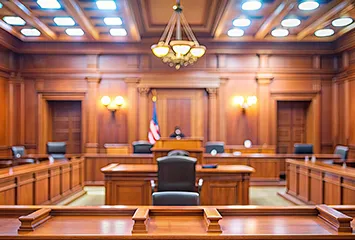 Empty courtroom paneled with wood.