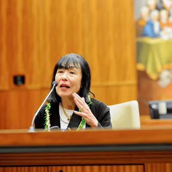 Karen Korematsu, executive director of the Fred T. Korematsu Institute, speaks as a panelist during a special program at a federal courthouse.