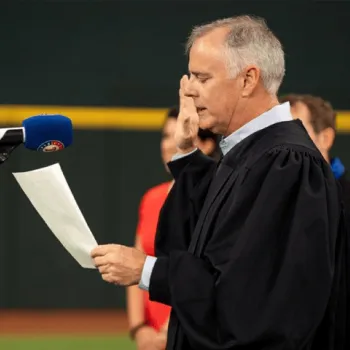 U.S. District Judge Reed O'Connor at a naturalization ceremony at Globe Life Field in Arlington, Texas.