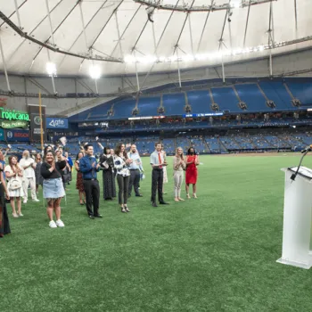 U.S. Magistrate Judge Sean Flynn, welcomes new U.S. citizens at Tropicana Field in St. Petersburg, Florida