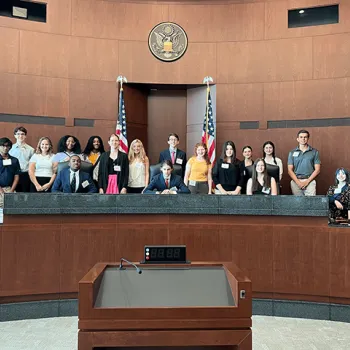 High school students in the St. Louis area participate in a new civics education program at the Thomas F. Eagleton U.S. Courthouse.