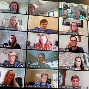 A photo of a zoom call with Chief Judge Coogler and the court's law clerks and interns.