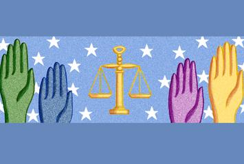 Hands in various colors raised around the scales of justice.