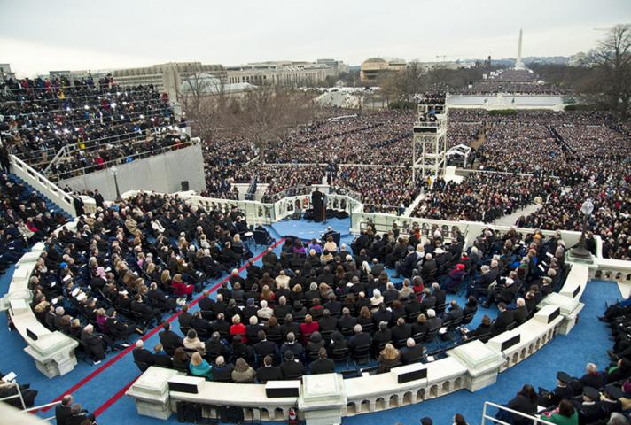 From behind the stage and dignitary seating area, the crowds attending the Inauguration, estimated at 800,000 to 1 million, can be seen.