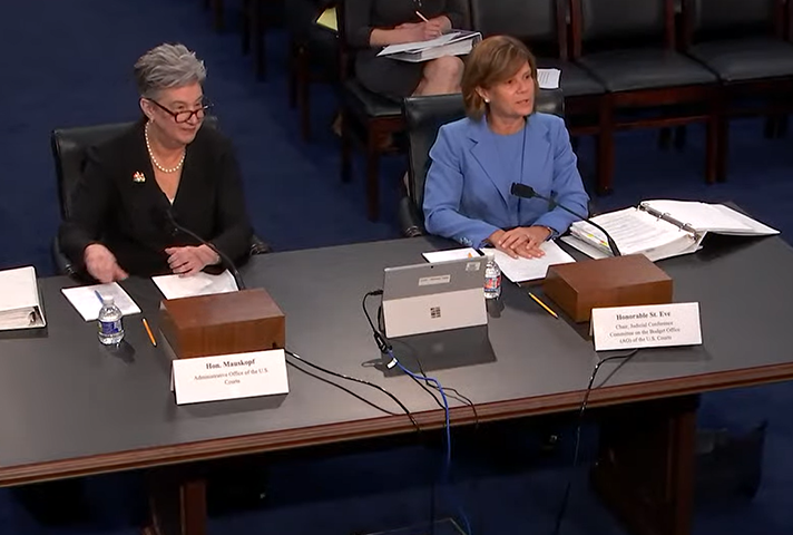 Judge Amy J. St. Eve, chair of the Judicial Conference’s Committee on the Budget, right, and Judge Roslynn R. Mauskopf, director of the Administrative Office of the U.S. Courts, testify before the House Appropriations Subcommittee on Financial Services an