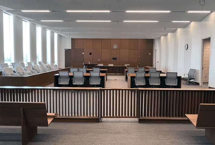 A new state-of-the-art courtroom in the new federal courthouse in Harrisburg, Pennsylvania.