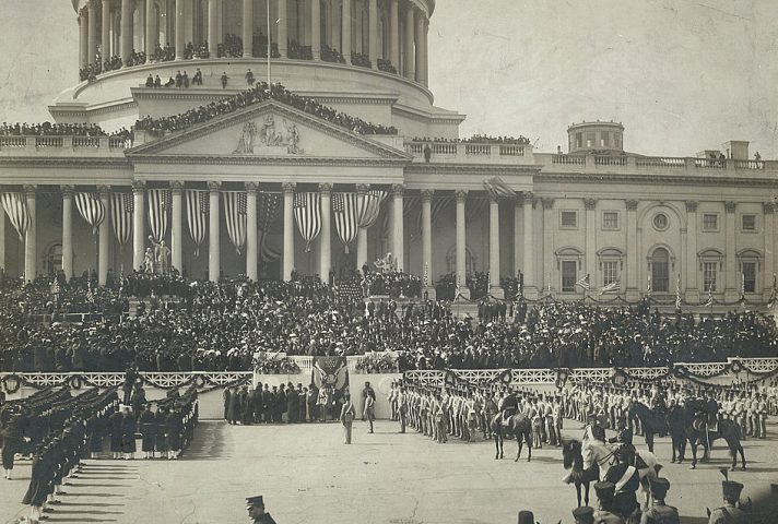Chief Justice Melville W. Fuller administers the oath of office to Theodore Roosevelt during his second swearing-in, in 1905.