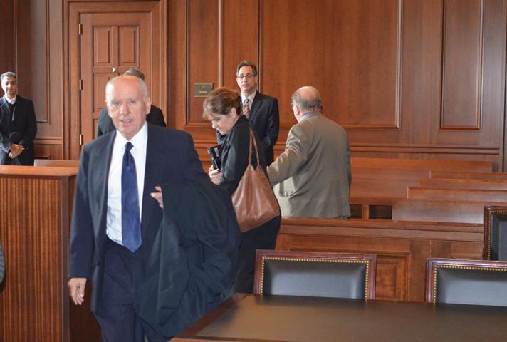 Due to the inoperable elevators, Judge Castel enters the courtroom through the main door instead of the Judges' separate entrance.
