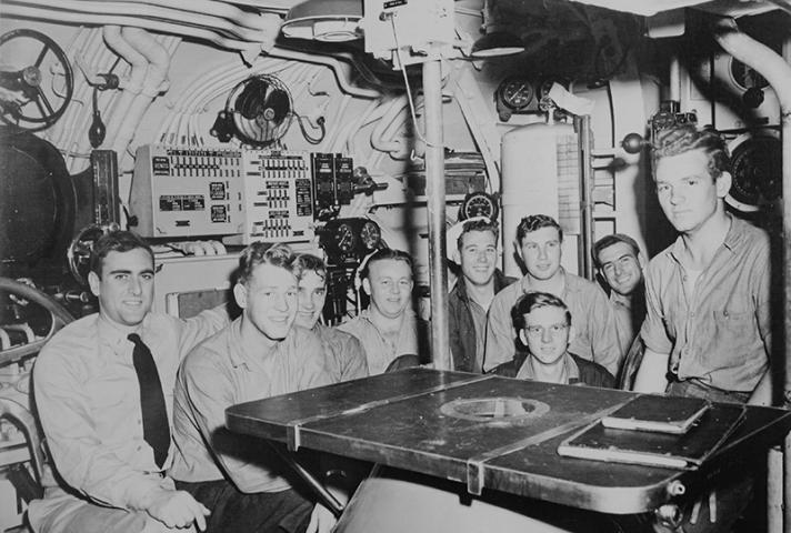 Jack B. Weinstein, far left, with fellow officers on the submarine USS Jalloa.