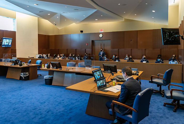 Students in a Miami federal courtroom participate in a program on the Constitution and civil discourse.