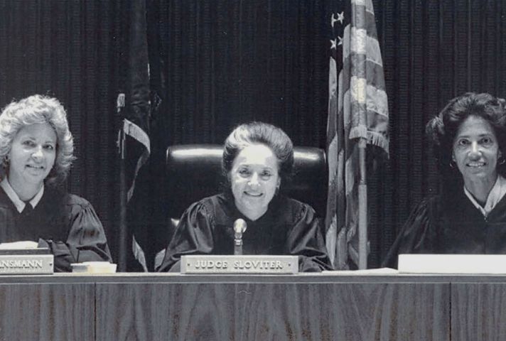 Image: In 1990, Judges Carol Los Mansmann (left to right), Dolores K. Sloviter, and Anne E. Thompson serve as the first all-female appellate panel of the Third Circuit Court of Appeals.