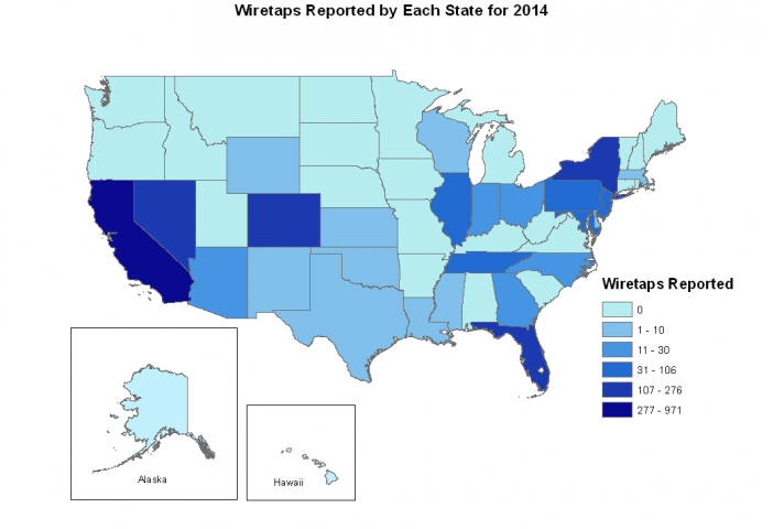 Map of wiretaps reported by each state for 2014.