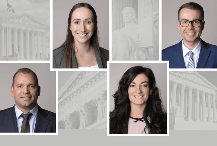 The 2023-2024 Supreme Court Fellows, clockwise from top left, Victoria K. Nickol, Adam J. Kuegler, Viviana I. Vasiu, and Jose D. Vazquez. Images are from the collection of the Supreme Court of the United States.