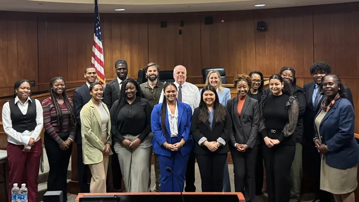 Law students are seen with Federal Circuit judges following a special sitting at North Carolina Central University School of Law.