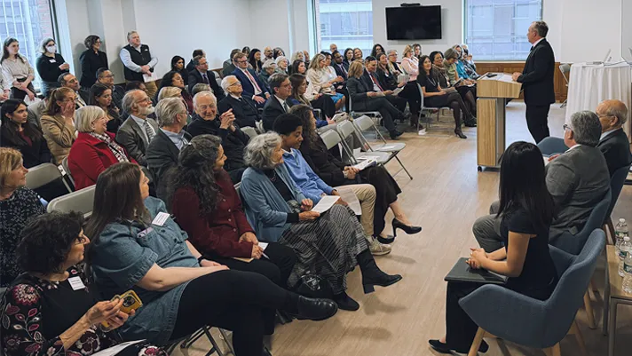 Chief Judge David J. Barron, of the U.S. Court of Appeals for the First Circuit, welcomes visitors to the new judicial learning center during the opening ceremony.