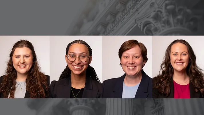 The 2025-2026 Supreme Court Fellows (left to right) Addison P. Becker, Keegan B. Coppola, Melissa C. Cosgrove, and Samantha P. McCaleb. Images are from the collection of the Supreme Court of the United States.