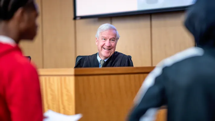 U.S. District Judge Richard Story presides over a high school fairytale mock trial at Georgia State University College of Law.