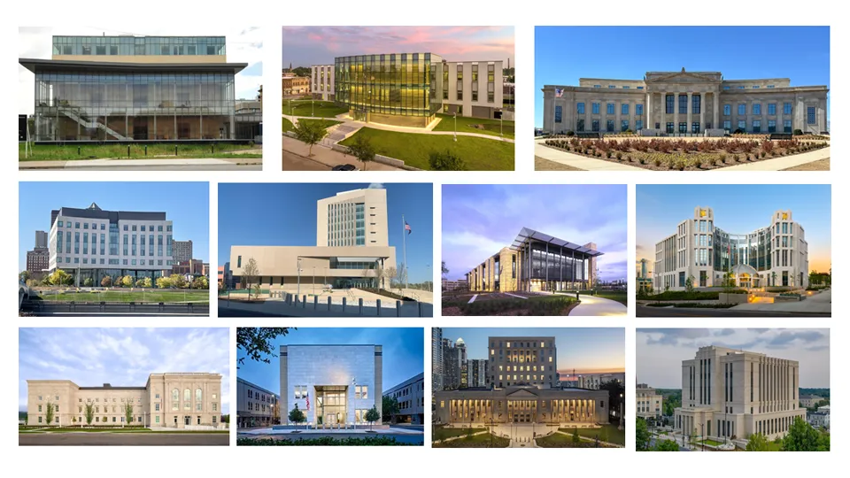 Courthouse construction projects in various states.