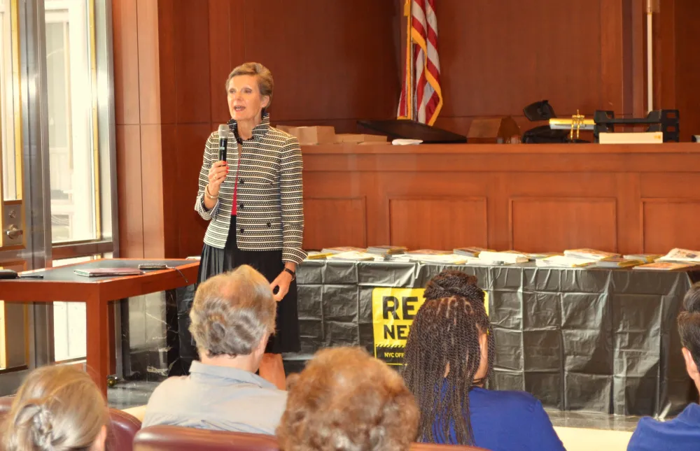 Chief Judge Loretta A. Preska (S.D. NY) talks to jurors about planning for emergencies at work and home as part of the district’s observance of “Disaster Preparedness Month.”