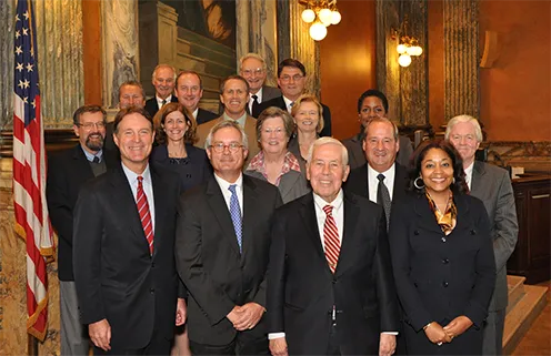 Former Senator Evan Bayh (front row left) and Senator Richard Lugar (front row, second from right) met with the judges in Indianapolis. Former Senator Evan Bayh (front row left) and Senator Richard Lugar (front row, second from right) met with the judges in Indianapolis.