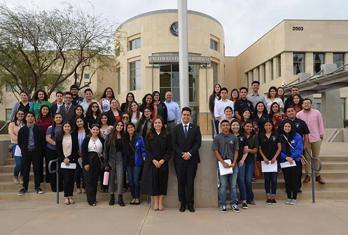 U.S. Magistrate Judge Ruth Bermudez Montenegro and her law clerk Devin H. Mirchi guide students in practicing civil discourse skills as jurors at the courthouse in El Centro, California.
