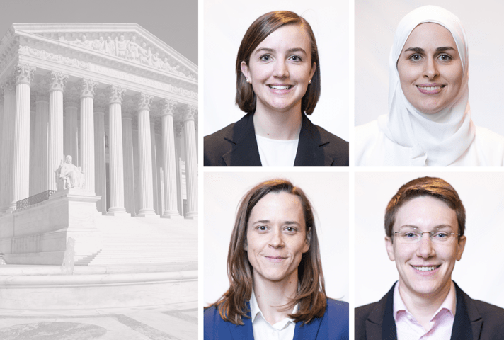 The 2020-2021 Supreme Court fellows, clockwise from top left, Allison A. Bruff, Sarah Alsaden, Hannah M. Solomon-Strauss, and Kathleen Foley. Images are from the collection of the Supreme Court of the United States.