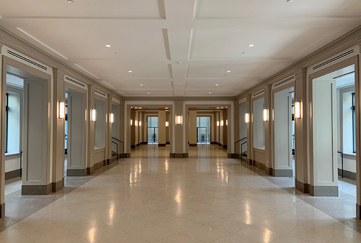A corridor connects the old federal courthouse with the new annex building, known as the Wing.