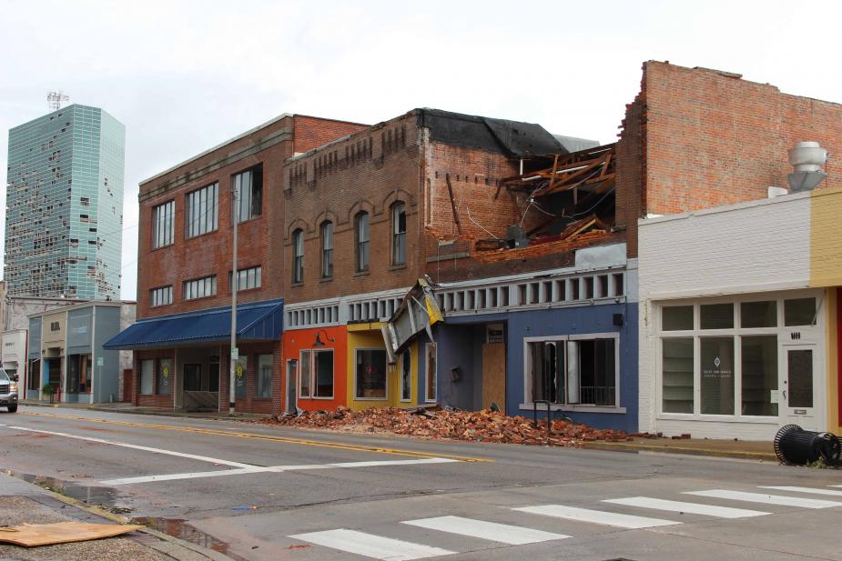 Damage from Hurricane Laura affected the greater Lake Charles area, damaging many buildings downtown (photo courtesy of the City of Lake Charles). 