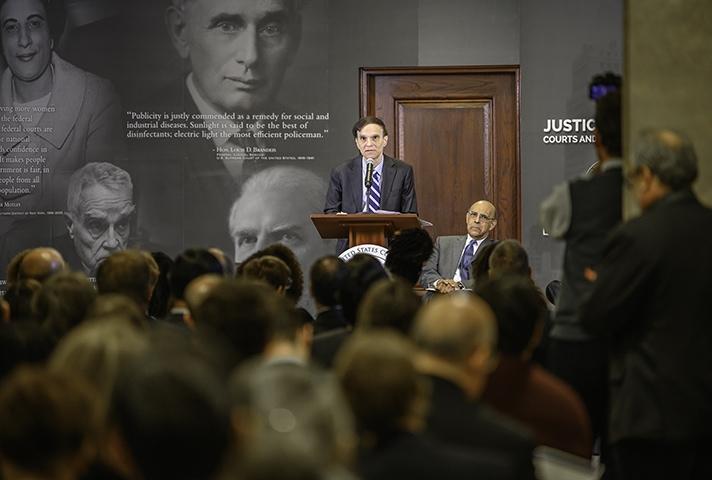 U.S. Court of Appeals Judge Robert A. Katzmann speaks at the 2018 opening of the Justice for All: Courts and the Community Learning Center at the Thurgood Marshall U.S. Courthouse.
