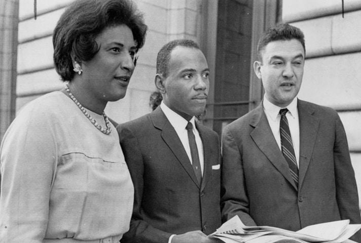 Constance Baker Motley with James Meredith and lawyer Jack Greenberg after a 1962 appellate court hearing in New Orleans.