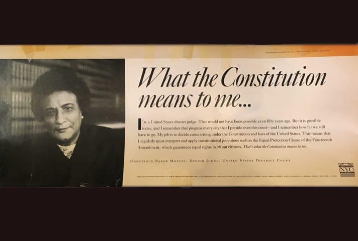 Image of the subway sign that featured Constance Baker Motley that honored the bicentennial of the Constitution.