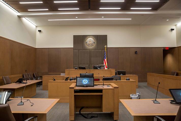 A new state-of-the-art courtroom in the new federal courthouse in San Antonio.