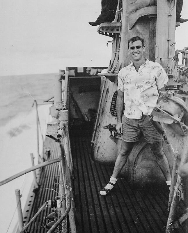 Jack B. Weinstein on the deck of his submarine in World War II: "I was proud to be part of ... a great war for freedom."