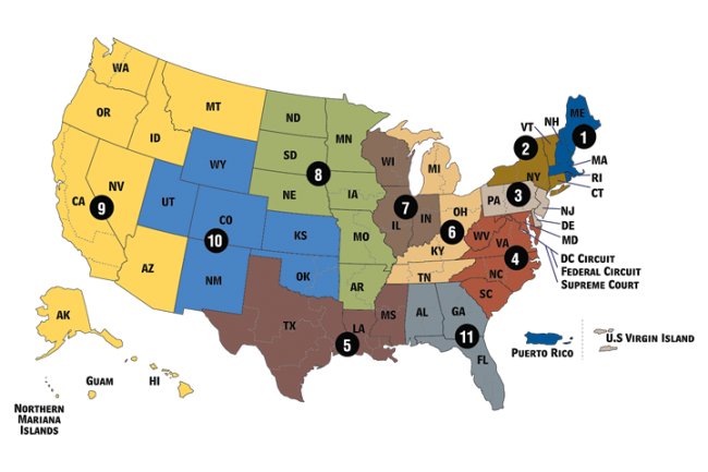 The U.S. Federal Court Circuit Map color coded by Districts.